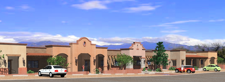 Rendering of a Southwestern-style commercial village center with stucco arcades, Tubac, Arizona